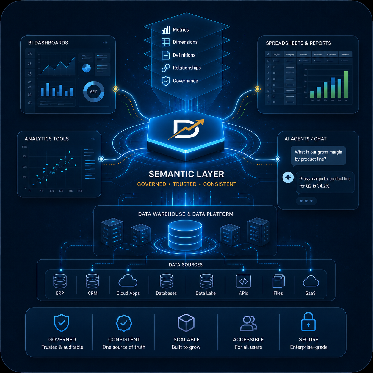 Diagram of the semantic layer: BI dashboards, spreadsheets and reports, analytics tools, and AI agents all flowing into a central governed semantic layer that sits above the data warehouse and data sources.